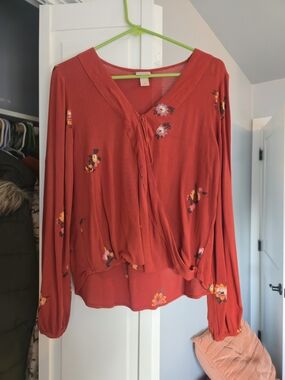Rust Floral Wrap Blouse - Women's V-Neck Long Sleeve Top
